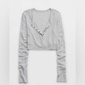 Offline by Aerie thumbs up waffle henley cropped t-shirt in heather grey
